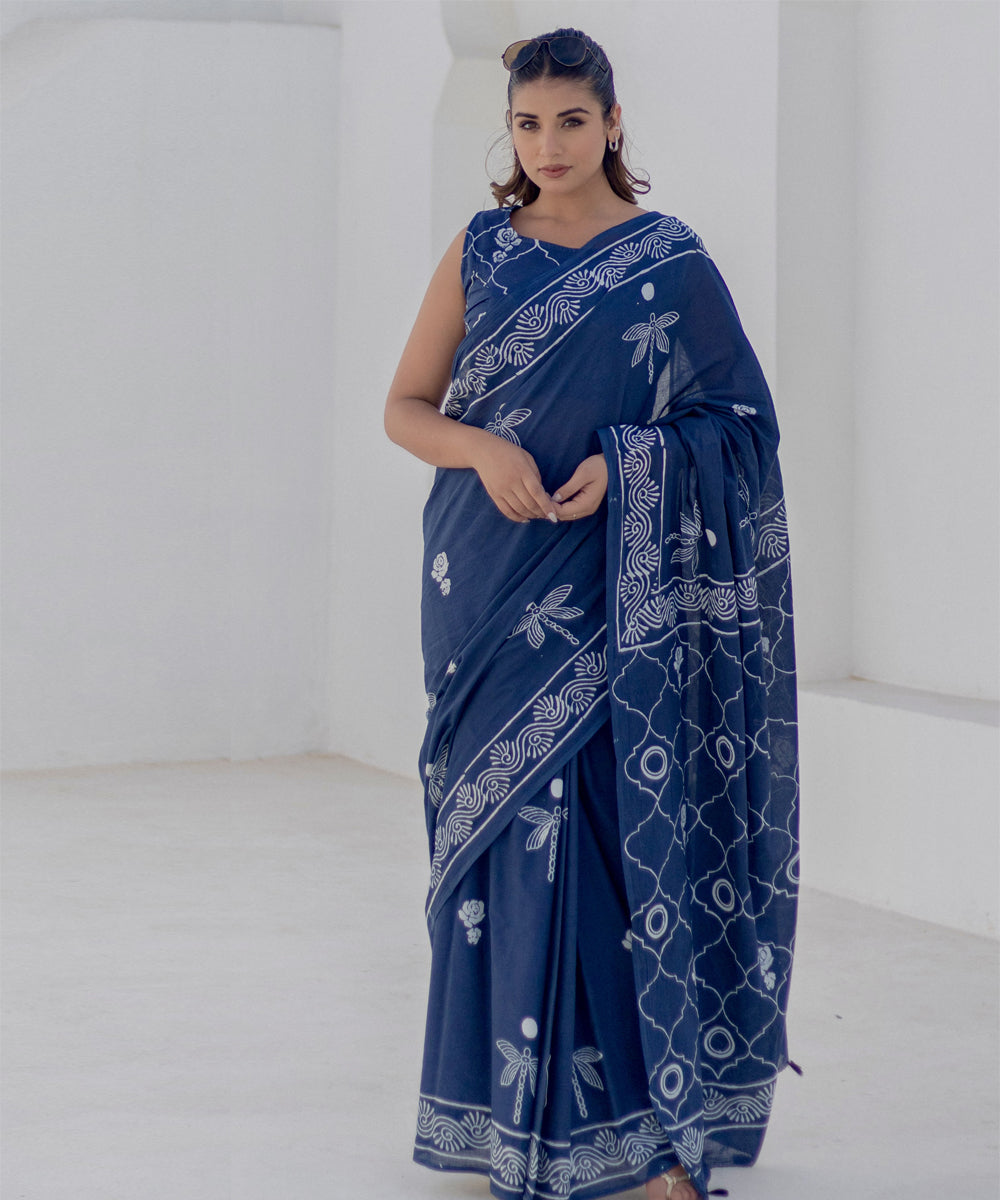 Navy blue hand block-printed cotton saree