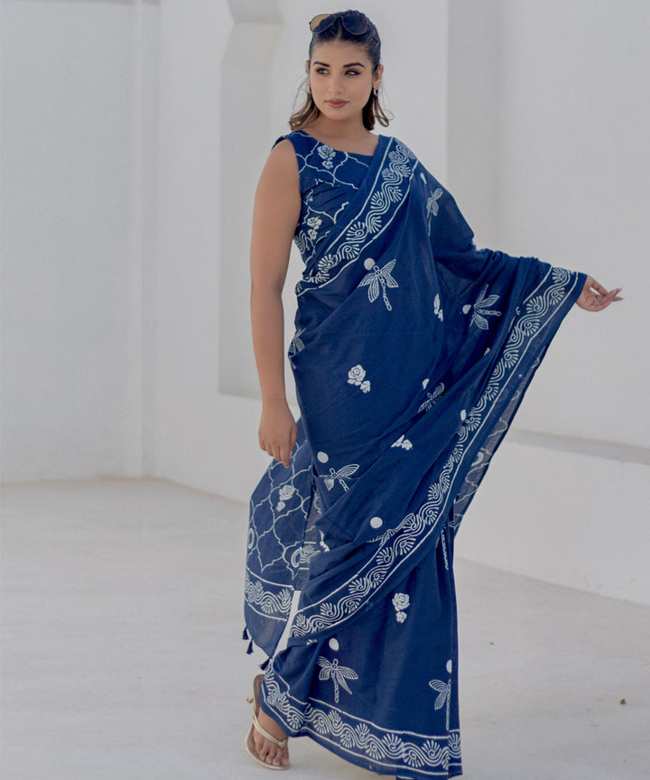 Navy blue hand block-printed cotton saree