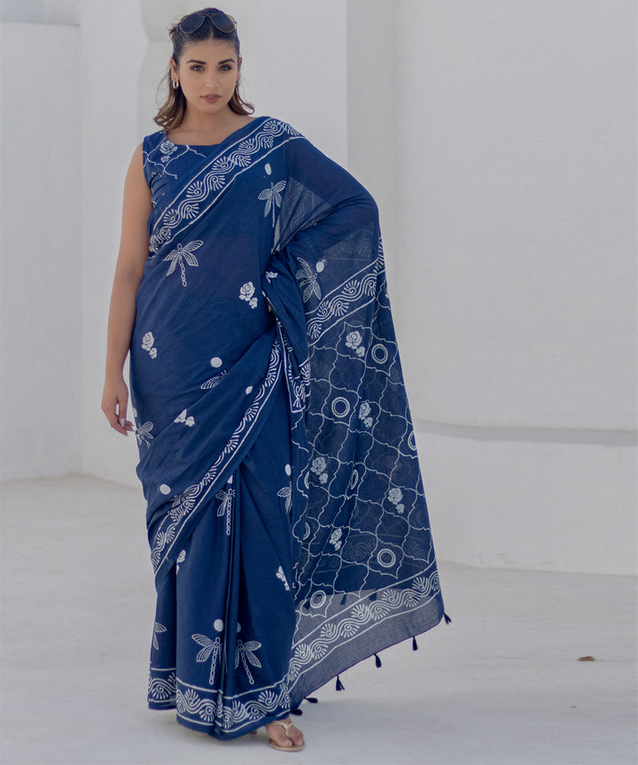 Navy blue hand block-printed cotton saree