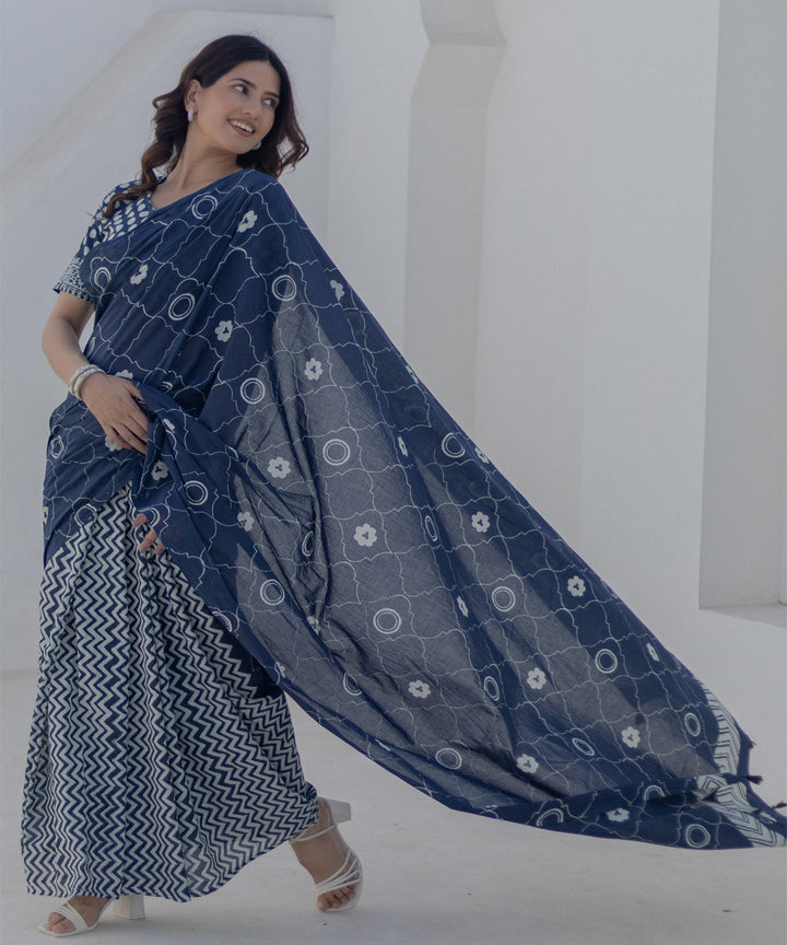 Navy blue white cotton hand block printed saree