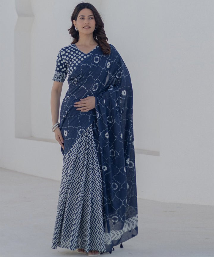 Navy blue white cotton hand block printed saree