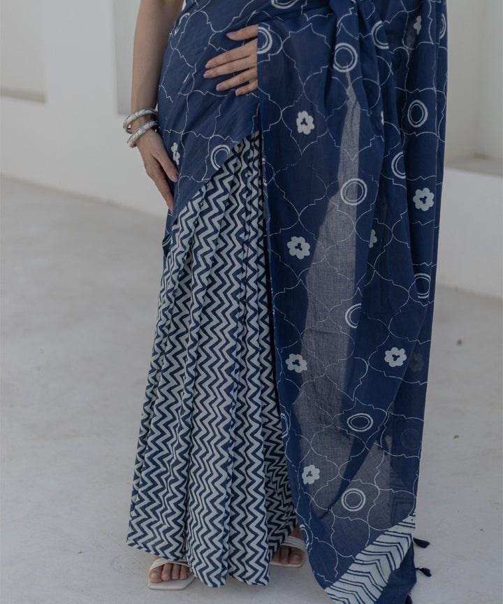Navy blue white cotton hand block printed saree