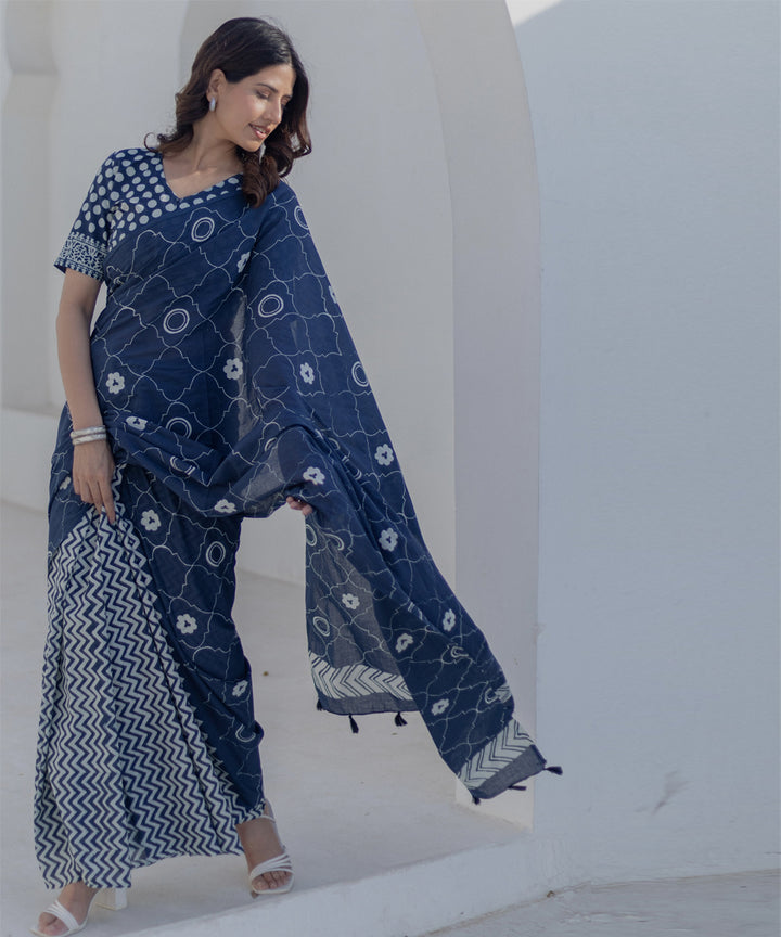 Navy blue white cotton hand block printed saree