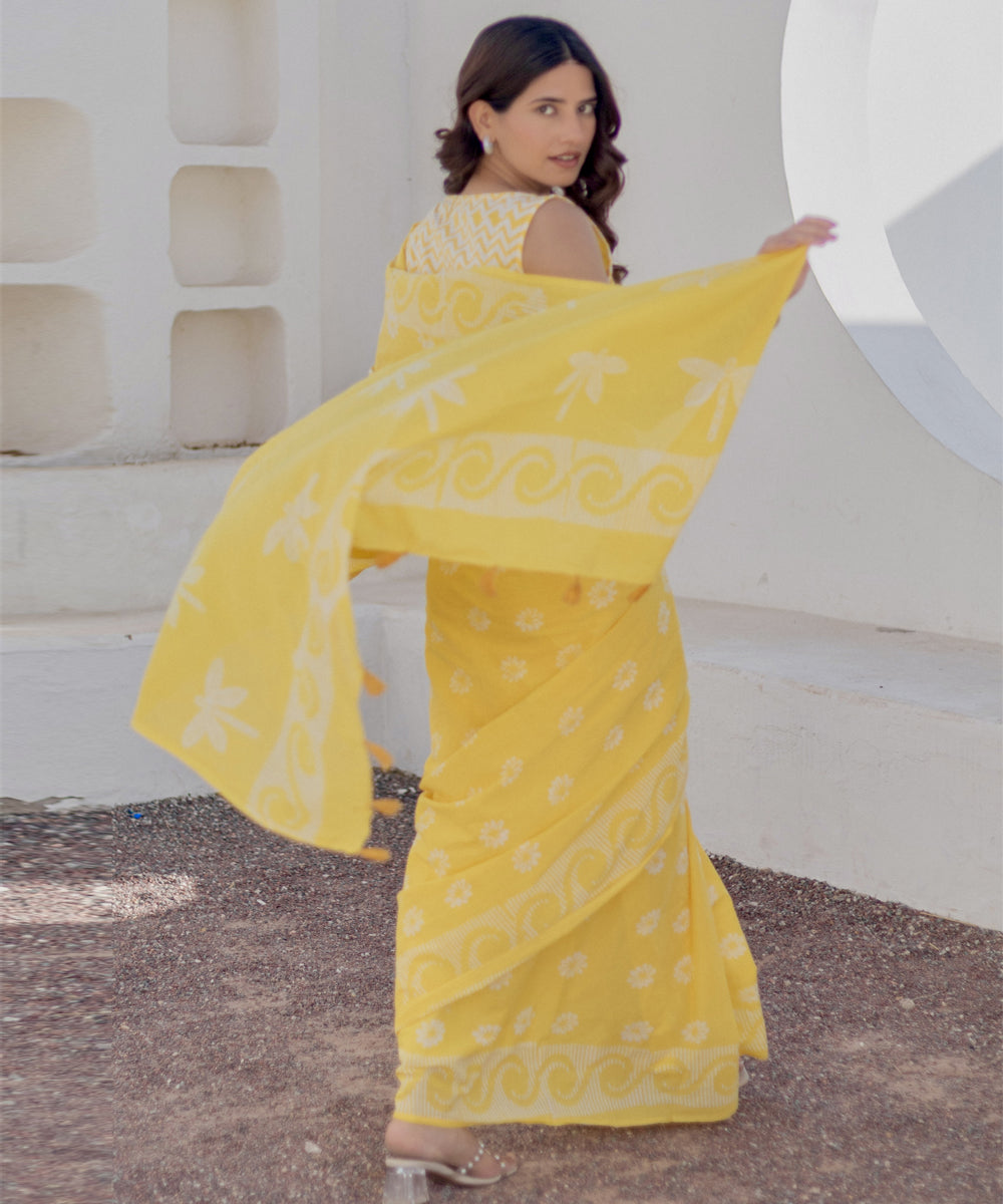 Yellow white hand block printed cotton saree