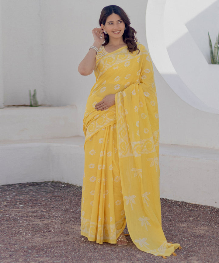 Yellow white hand block printed cotton saree