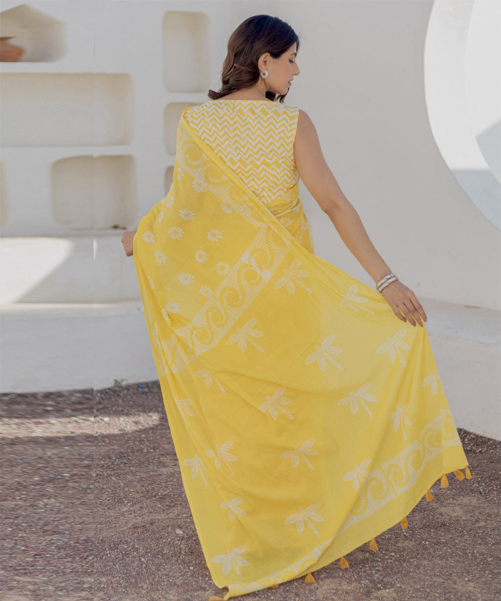 Yellow white hand block printed cotton saree