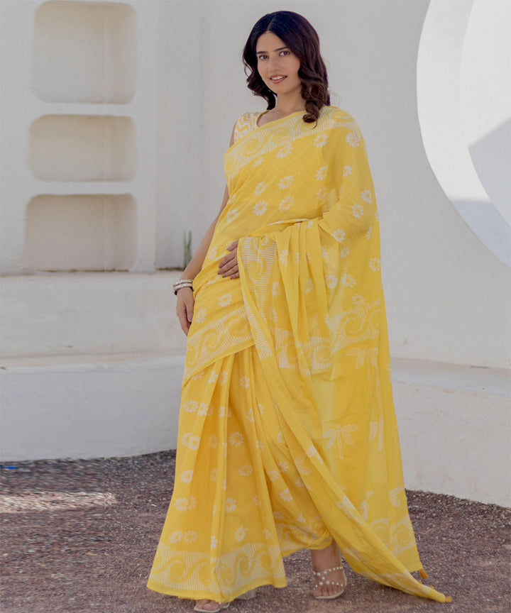 Yellow white hand block printed cotton saree