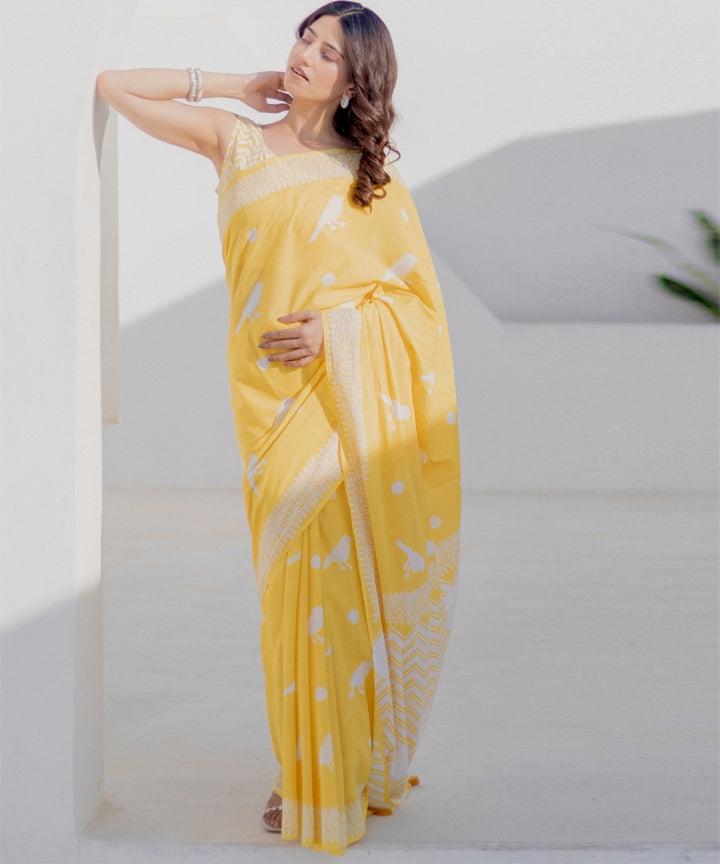 Yellow white cotton hand block print saree