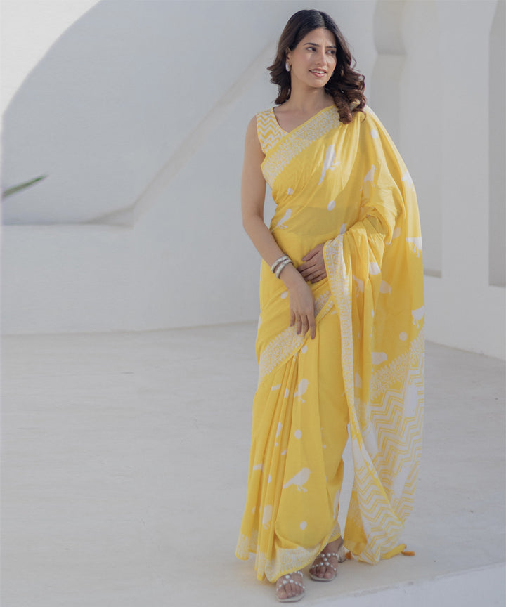 Yellow white cotton hand block print saree
