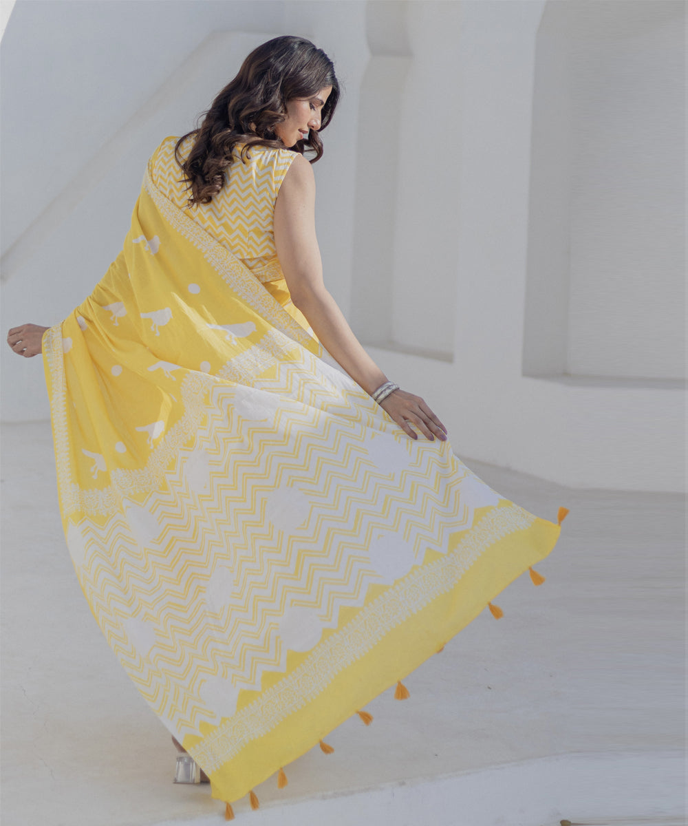 Yellow white cotton hand block print saree