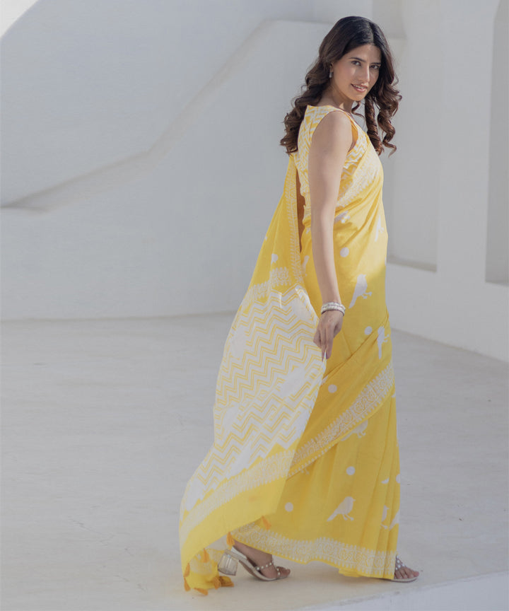 Yellow white cotton hand block print saree