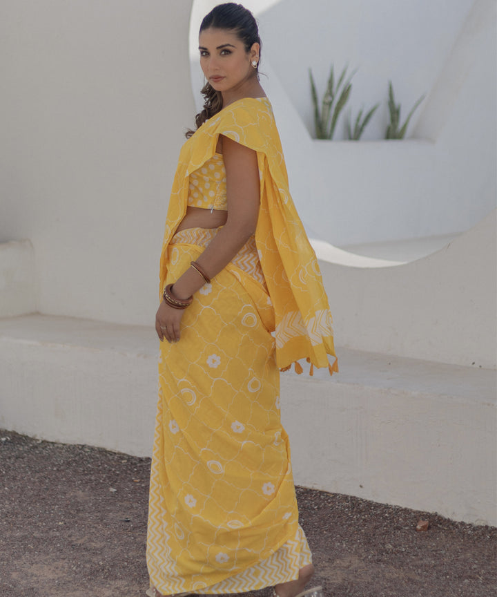 Yellow cotton hand block printed saree