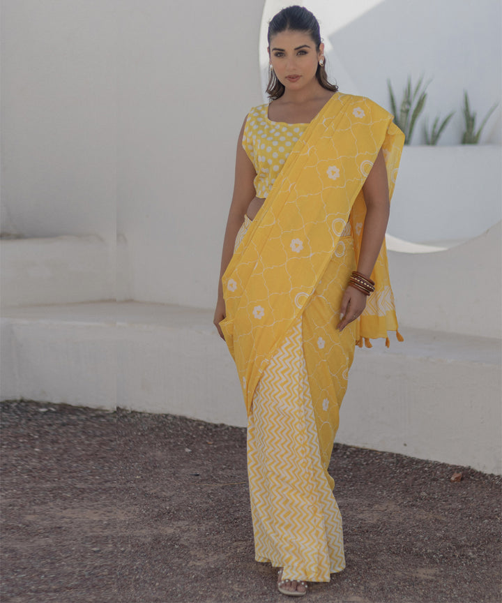 Yellow cotton hand block printed saree