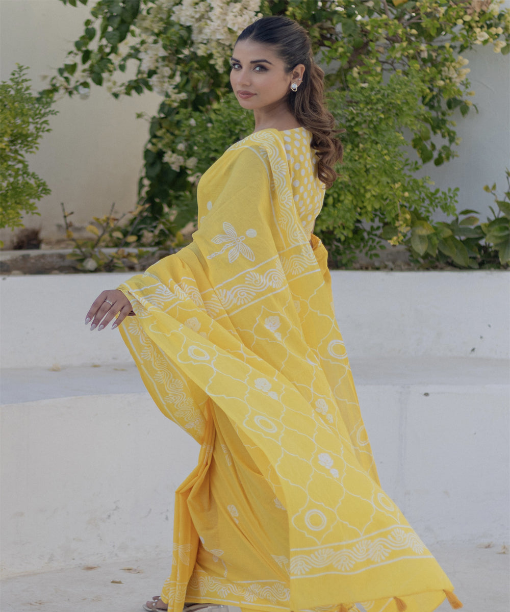 Yellow cotton hand block printed saree