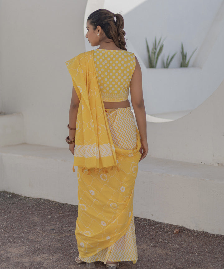 Yellow cotton hand block printed saree