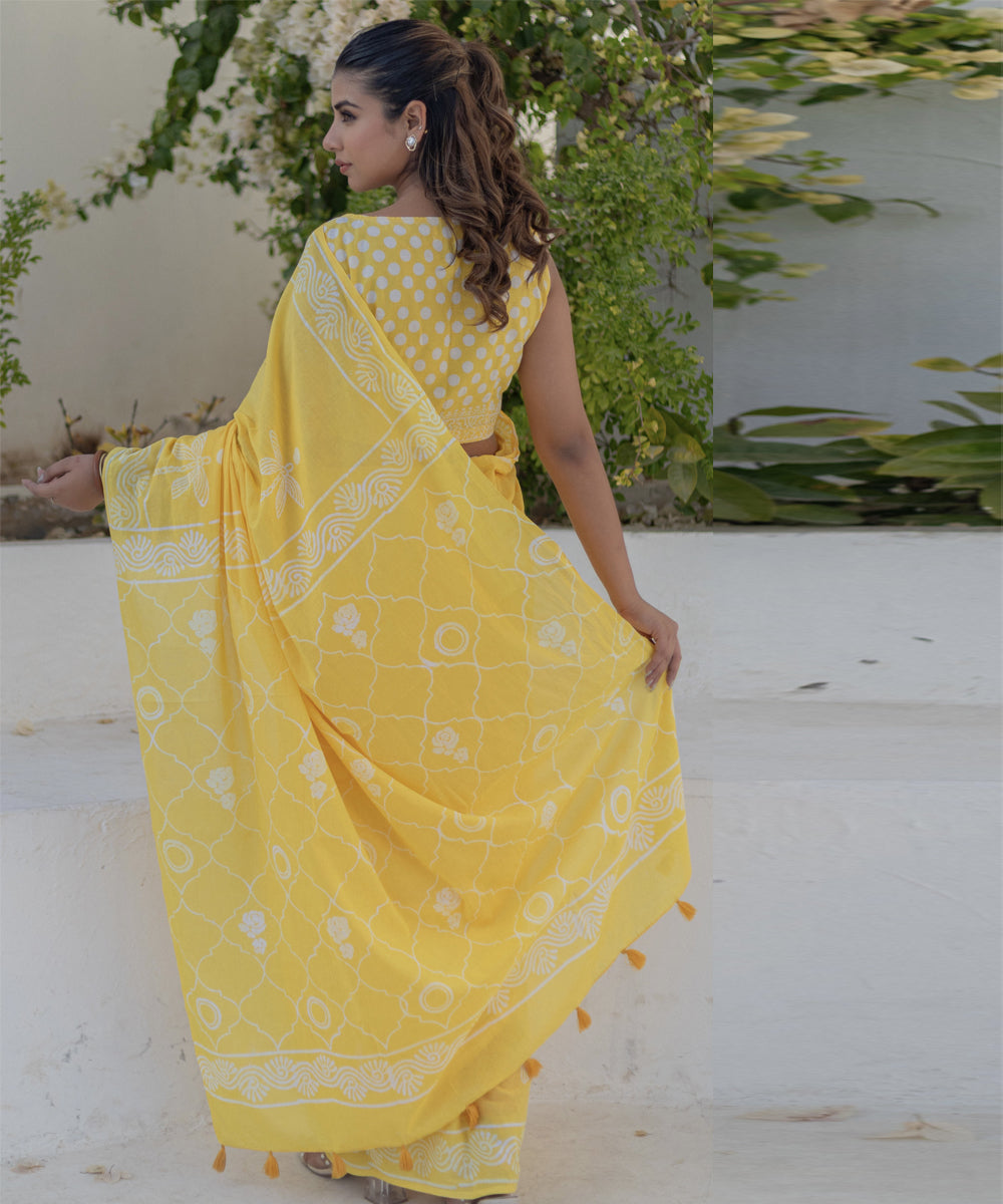Yellow white cotton hand block printed saree