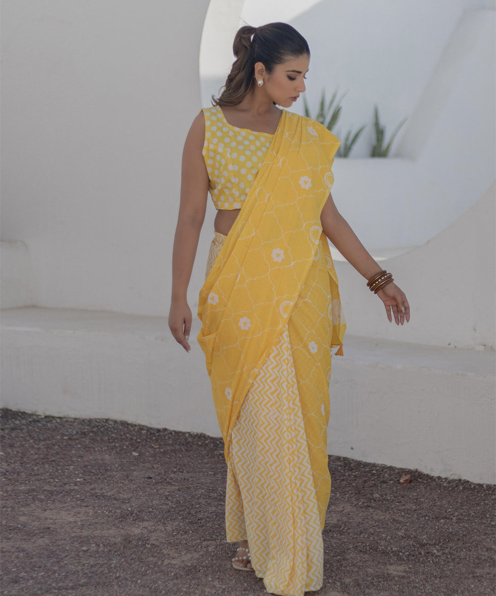 Yellow white cotton hand block printed saree