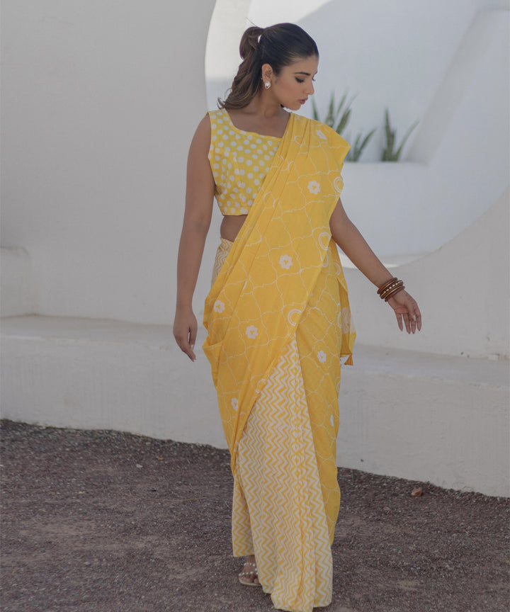 Yellow white cotton hand block printed saree