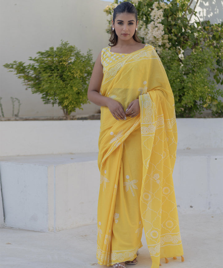 Yellow white cotton hand block printed saree