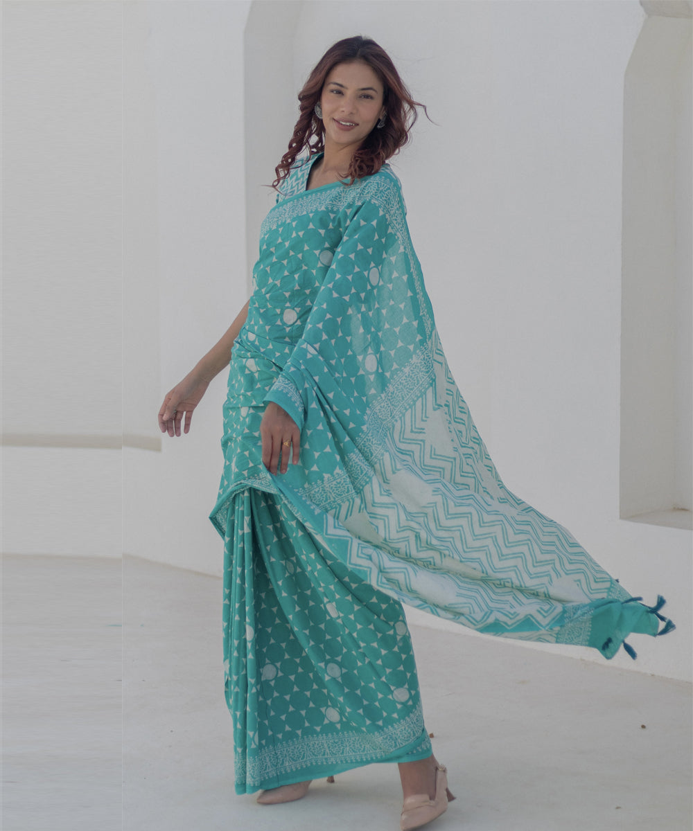 Teal green cotton hand block printed saree