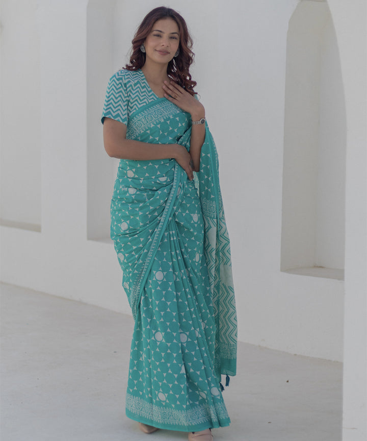 Teal green cotton hand block printed saree