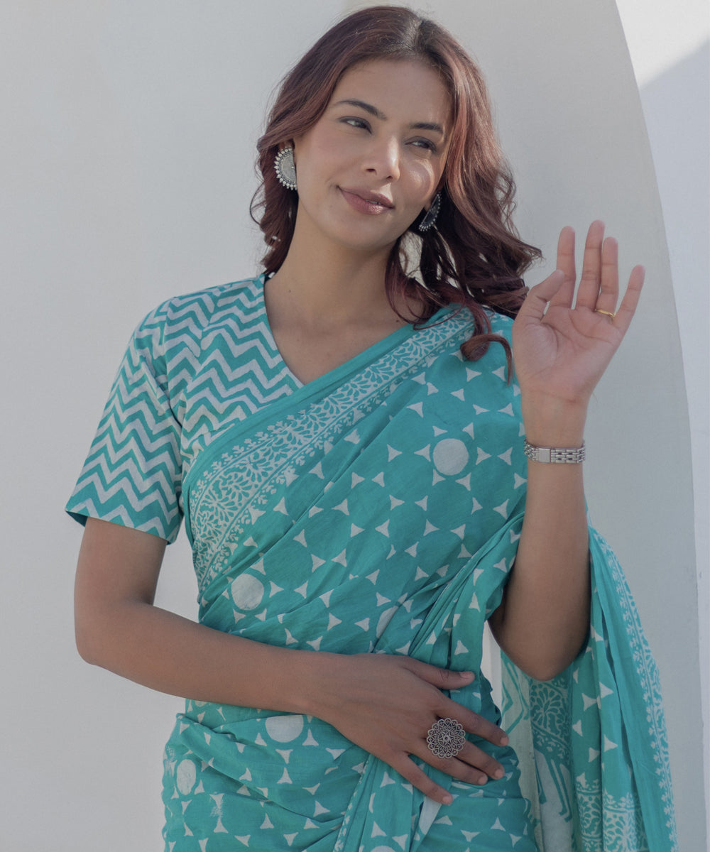 Teal green cotton hand block printed saree