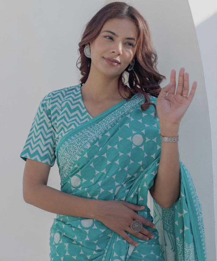 Teal green cotton hand block printed saree
