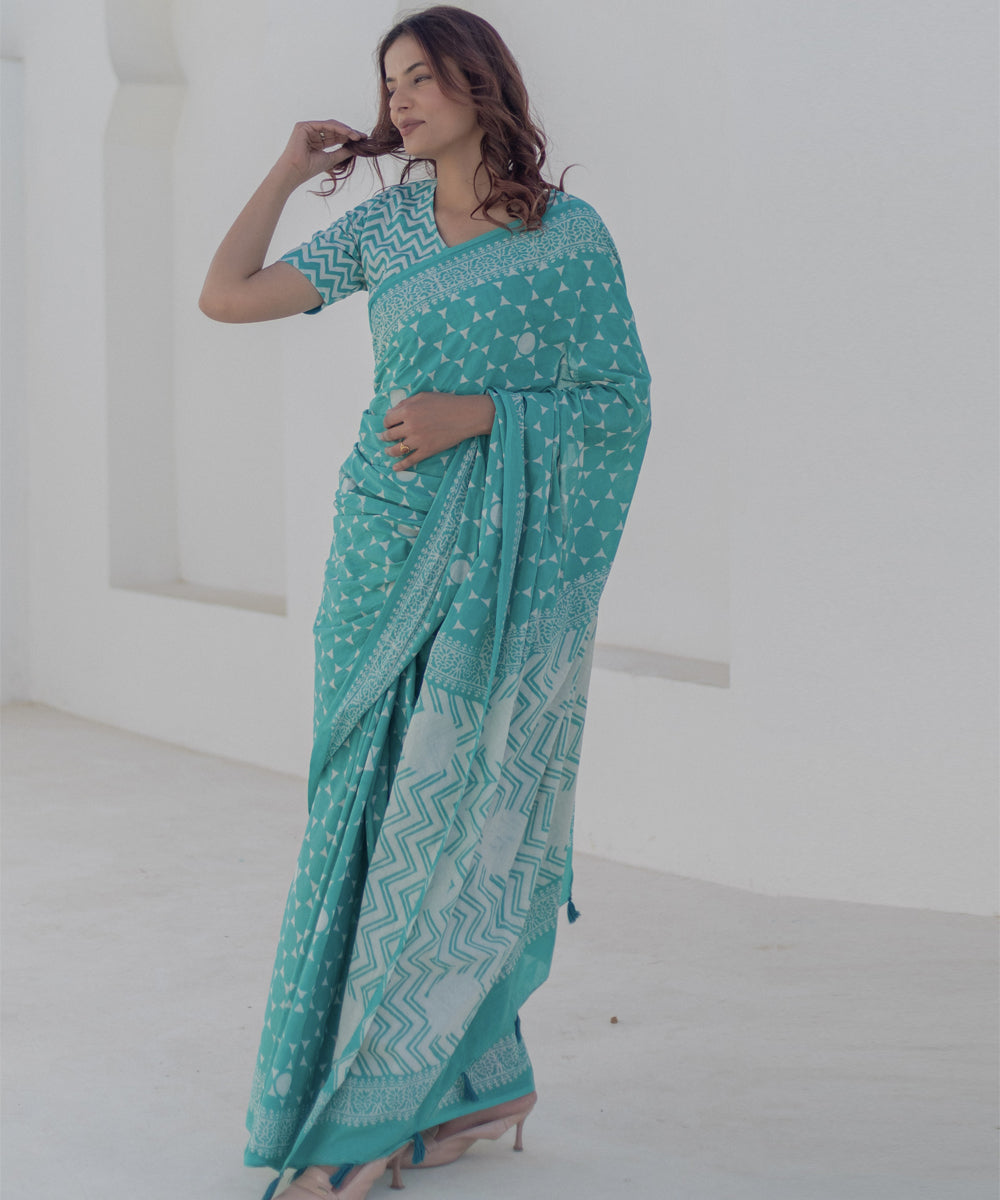 Teal green cotton hand block printed saree