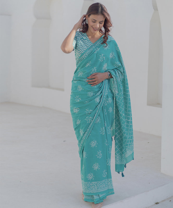 Teal green white cotton hand block printed saree
