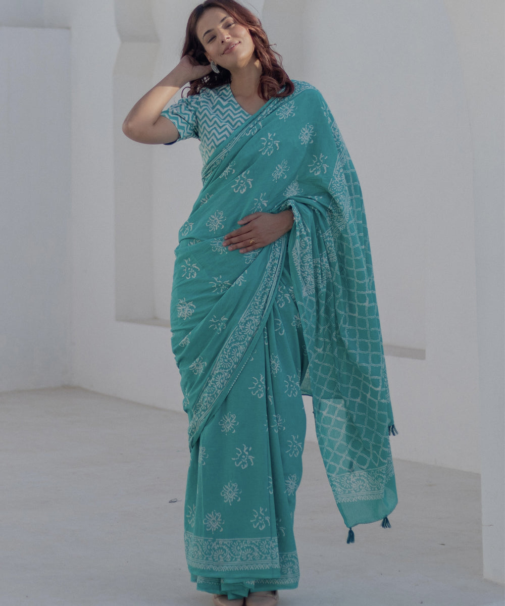 Teal green white cotton hand block printed saree
