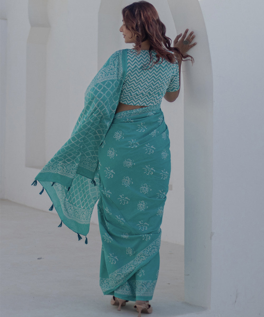 Teal green white cotton hand block printed saree