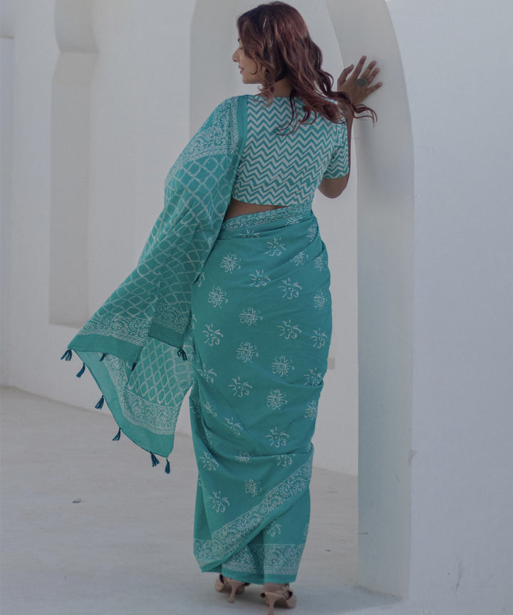 Teal green white cotton hand block printed saree