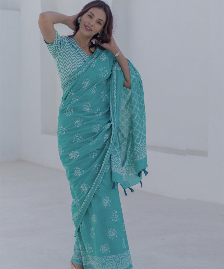 Teal green white cotton hand block printed saree