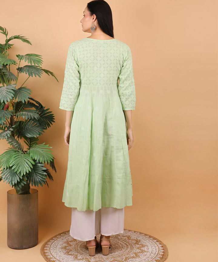 Women pista green hand embroidered chikankari kali kurti
