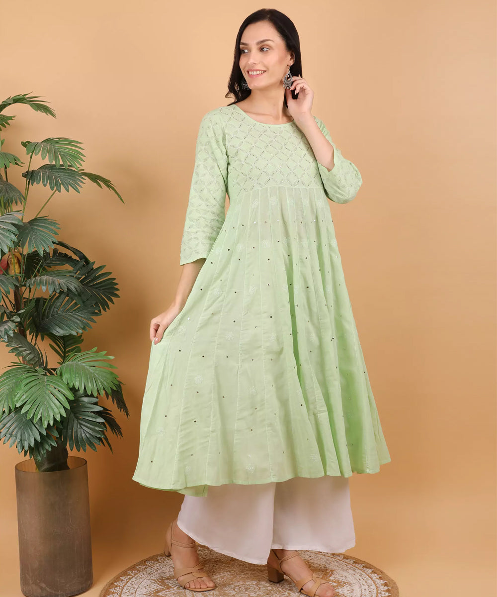 Women pista green hand embroidered chikankari kali kurti