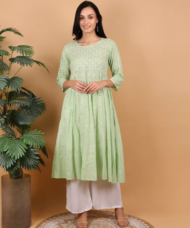 Women pista green hand embroidered chikankari kali kurti