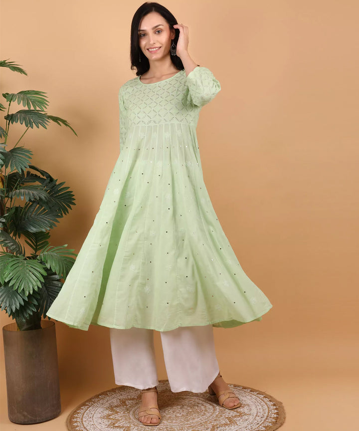 Women pista green hand embroidered chikankari kali kurti