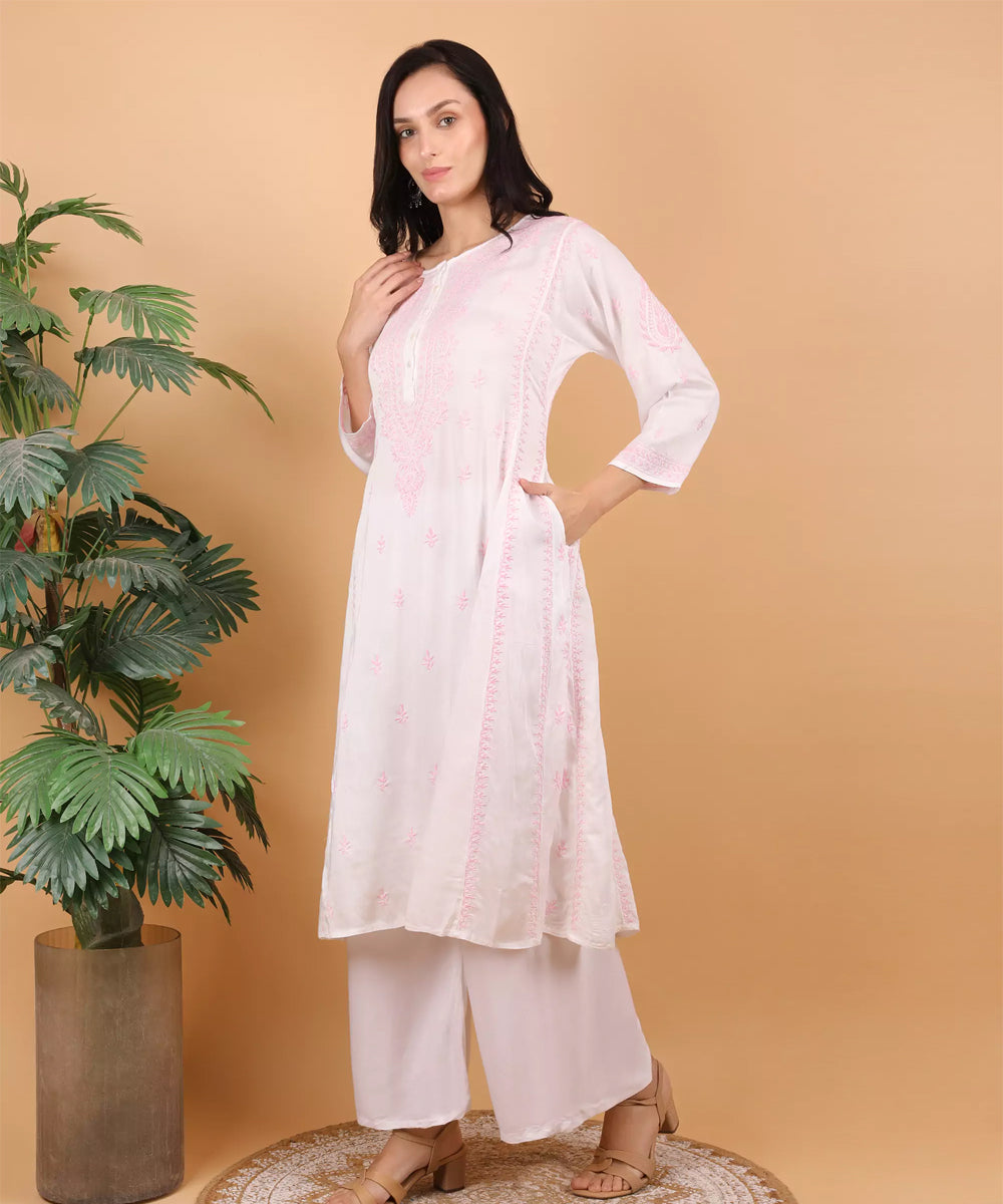 Women white hand embroidered chikankari jaipuri kurti