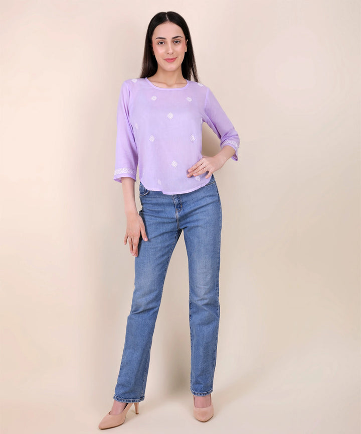 Women hand embroidered pastel poise lavendar short top