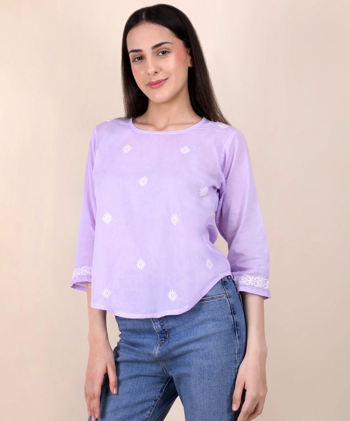 Women hand embroidered pastel poise lavendar short top