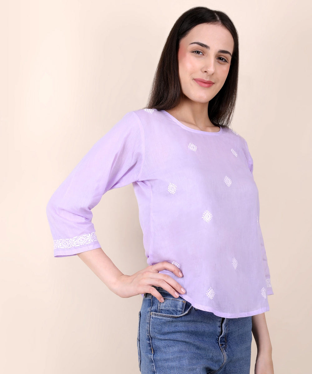 Women hand embroidered pastel poise lavendar short top
