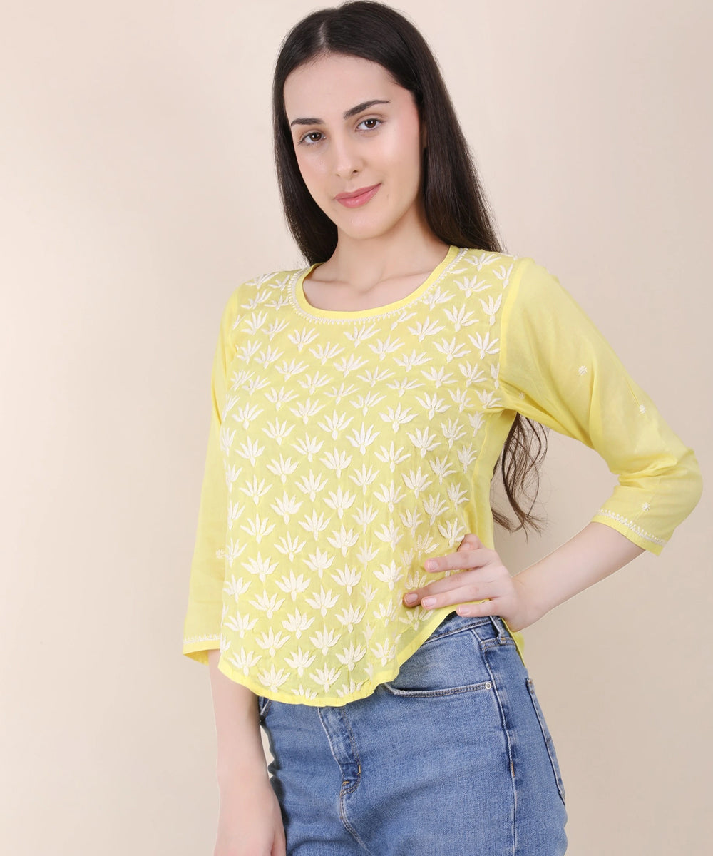 Women hand embroidered pastel poise yellow short top