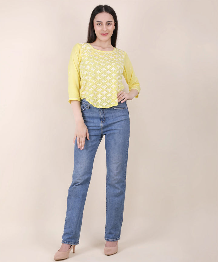 Women hand embroidered pastel poise yellow short top