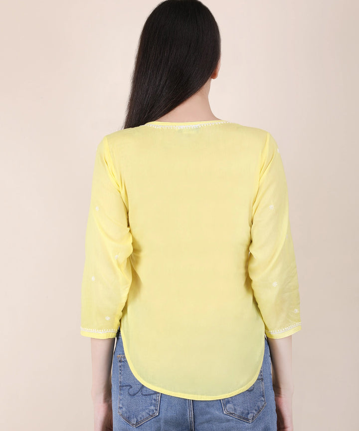 Women hand embroidered pastel poise yellow short top