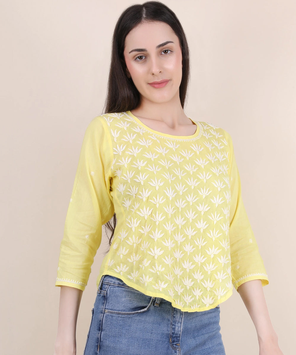 Women hand embroidered pastel poise yellow short top