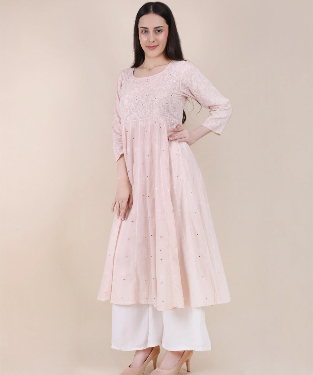 Women powder pink hand embroidered chikankari kali kurti