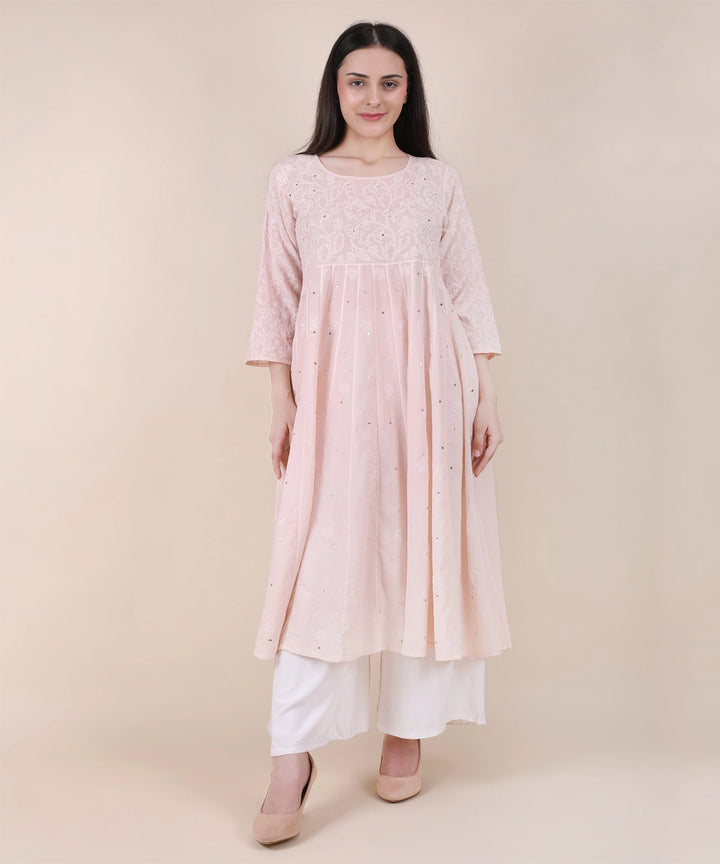 Women powder pink hand embroidered chikankari kali kurti
