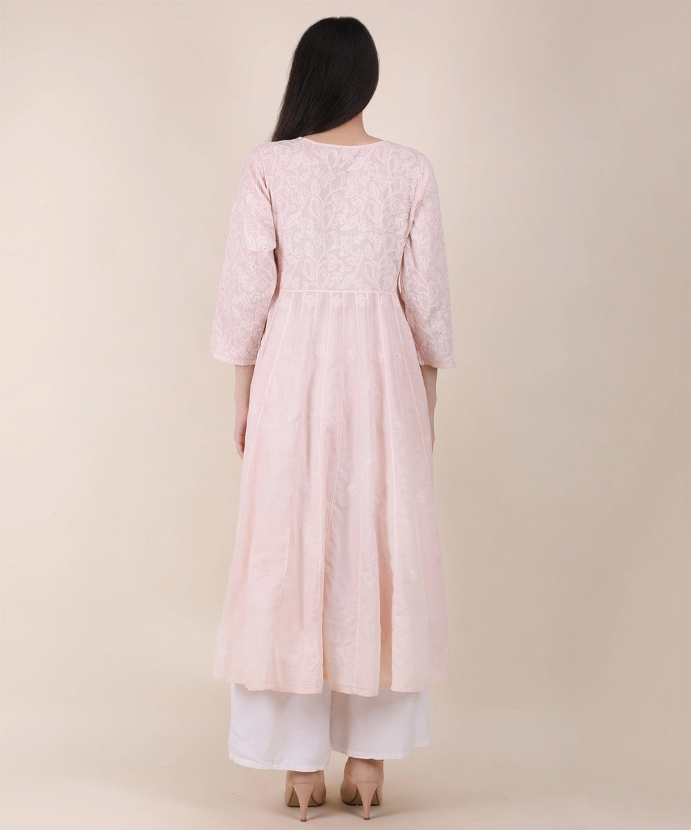 Women powder pink hand embroidered chikankari kali kurti