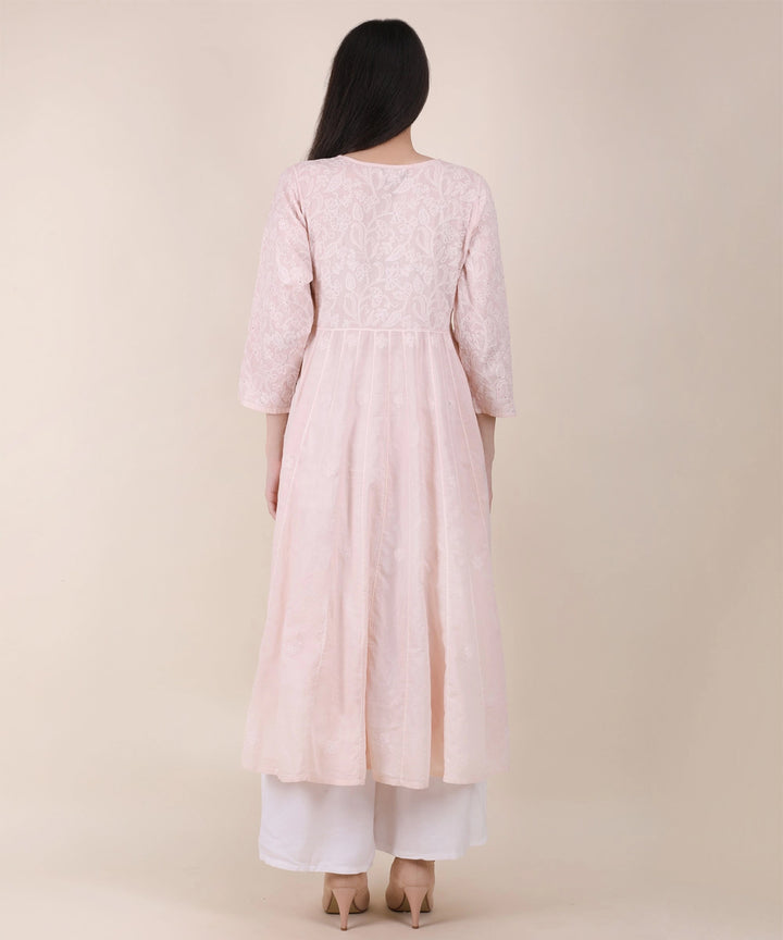 Women powder pink hand embroidered chikankari kali kurti