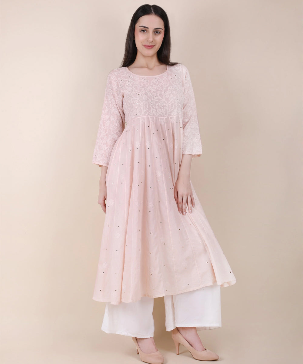 Women powder pink hand embroidered chikankari kali kurti